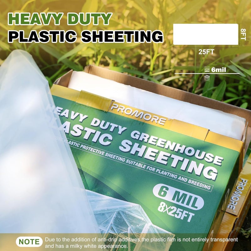 PROMORE 6 Mil Greenhouse Plastic Sheeting Clear 8x25 FT, Heavy Duty Polyethylene Film, UV Resistant, Tear-Proof, for Garden, Agriculture, Painting, Floor Protection - Image 3